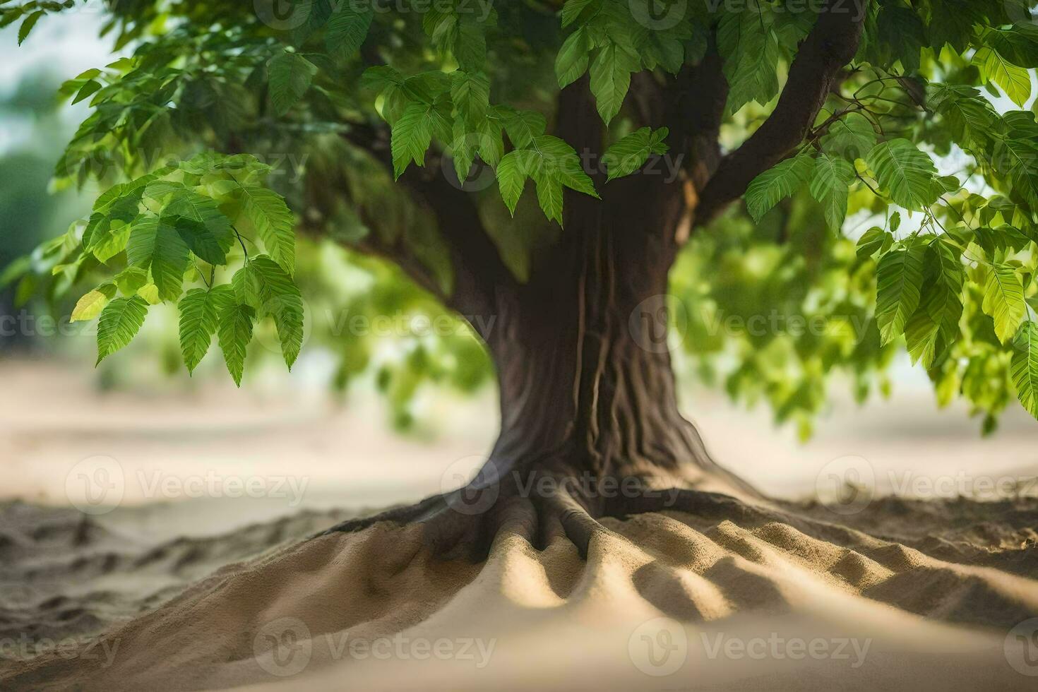 a tree with roots in the sand. AI-Generated photo