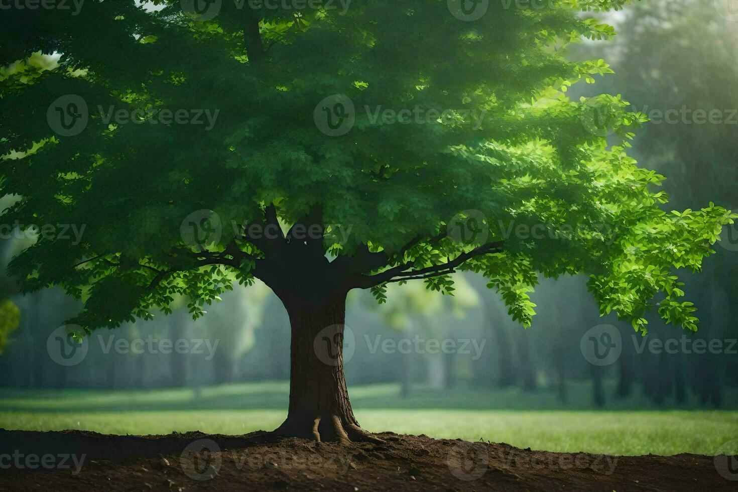 a tree is standing in the middle of a field. AI-Generated photo