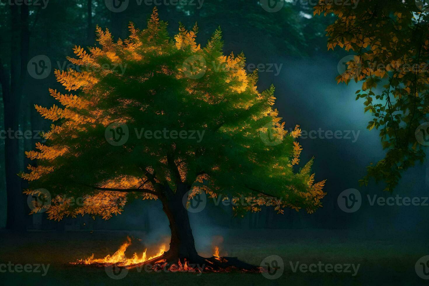 a tree with flames in the middle of a forest. AI-Generated photo