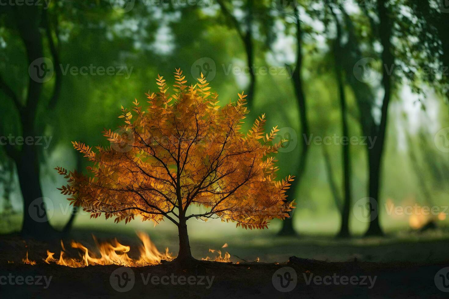 a single tree in the middle of a forest with flames. AI-Generated photo