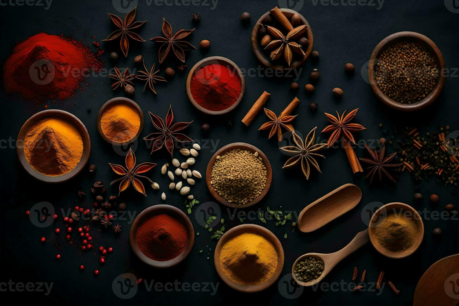 various spices and spices on a black background. AI-Generated photo