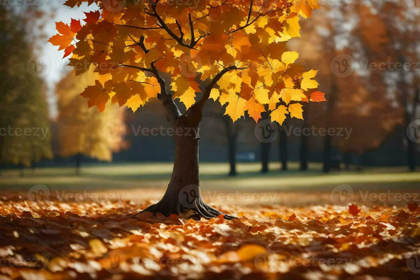 a single tree is standing in the middle of an autumnal field. AI-Generated photo