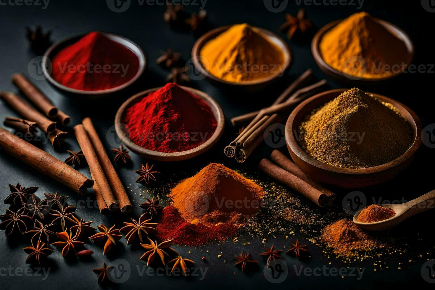 spices and spices on a black background. AI-Generated photo