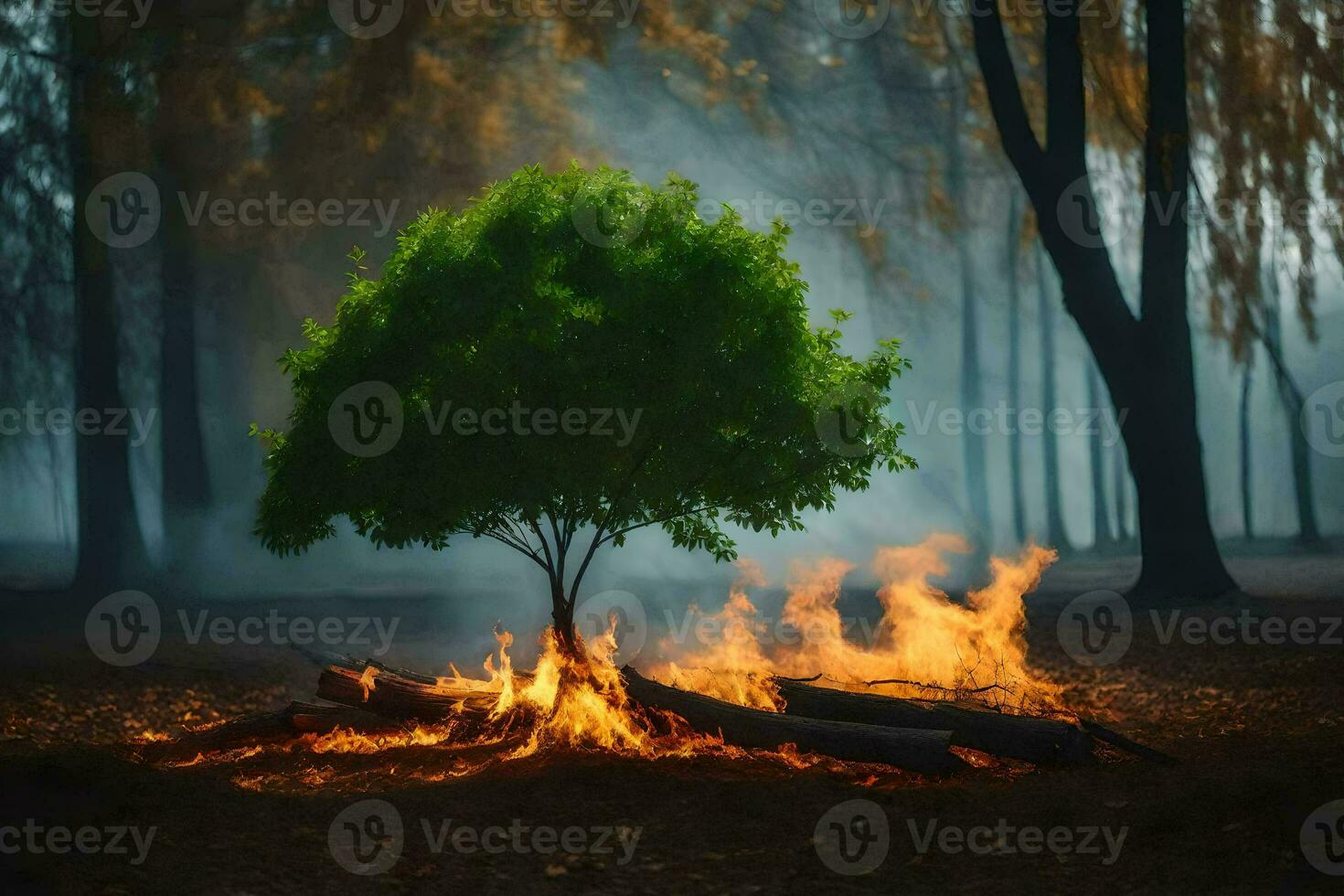 a tree is standing in the middle of a forest with fire. AI-Generated photo