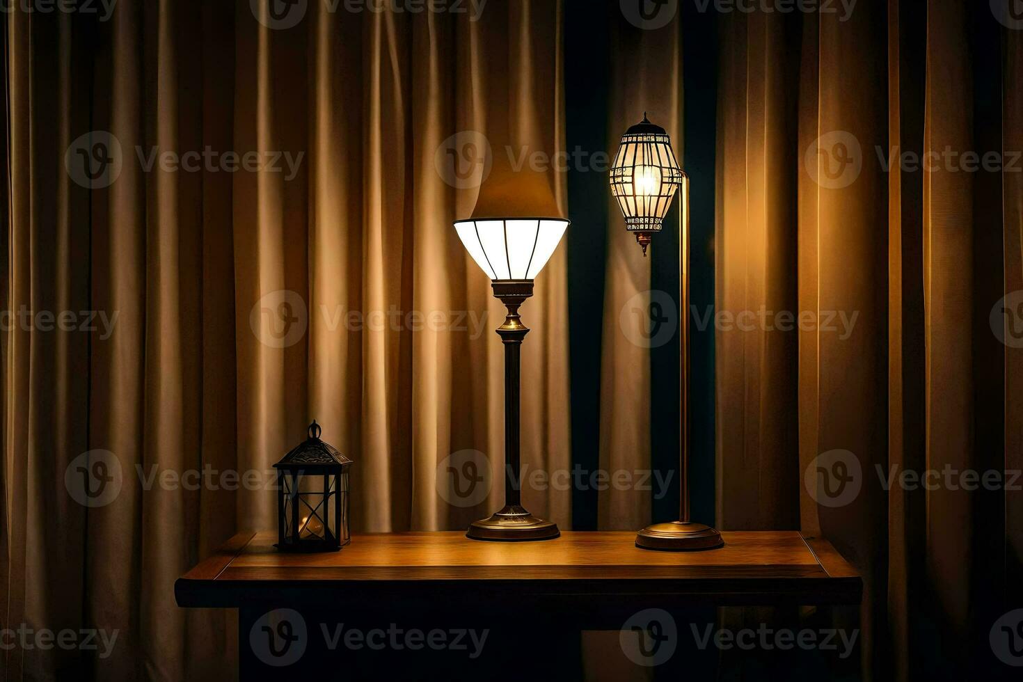 two lamps on a table in front of a curtain. AI-Generated photo