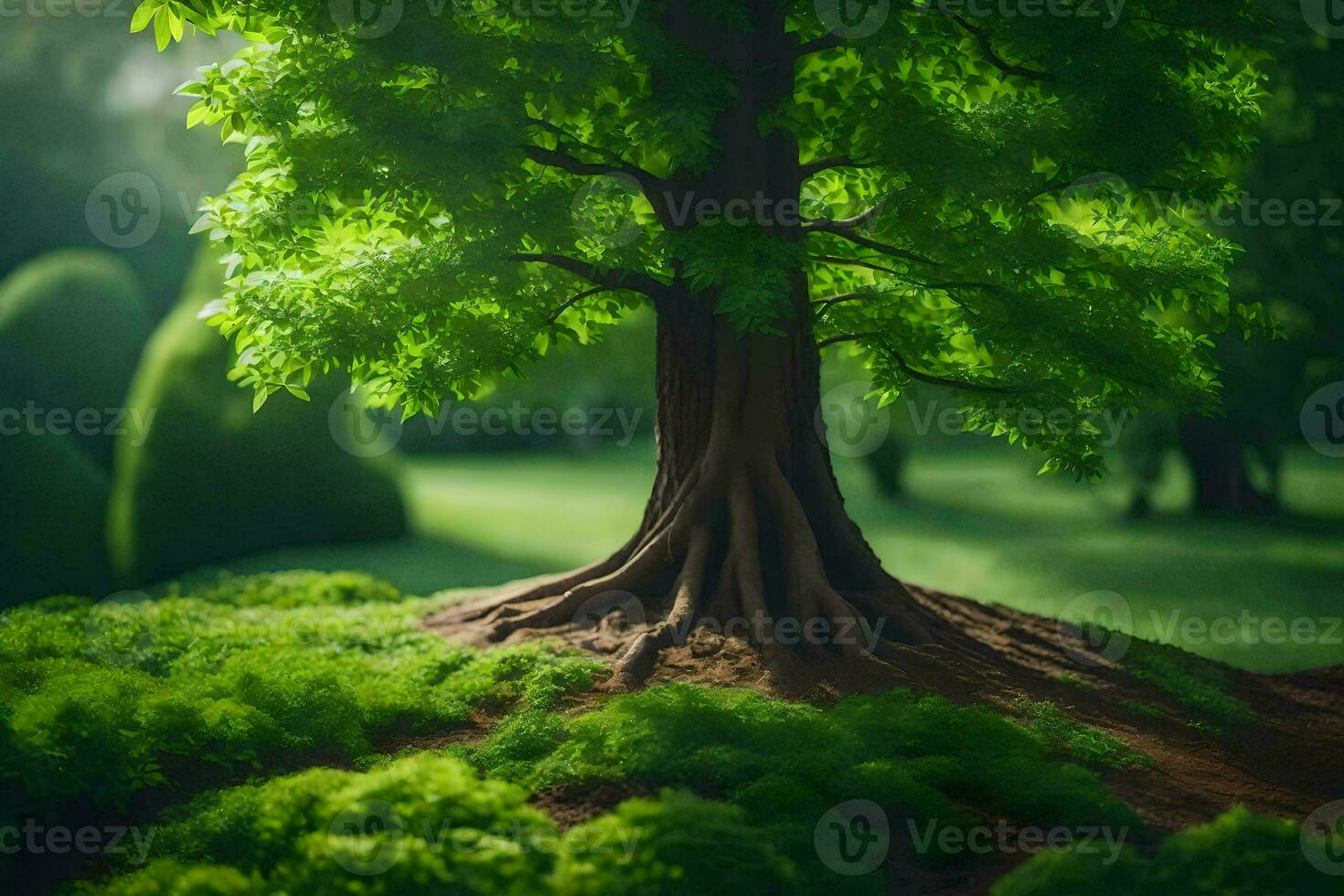 a tree with roots on top of a green field. AI-Generated photo