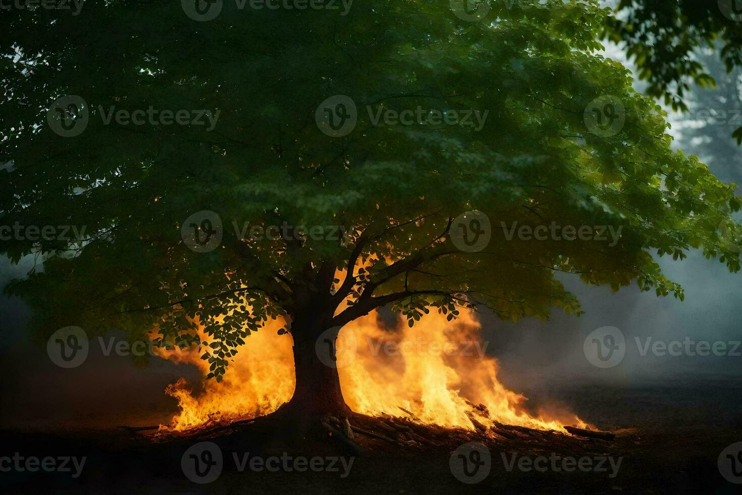 a tree with flames coming out of it. AI-Generated photo