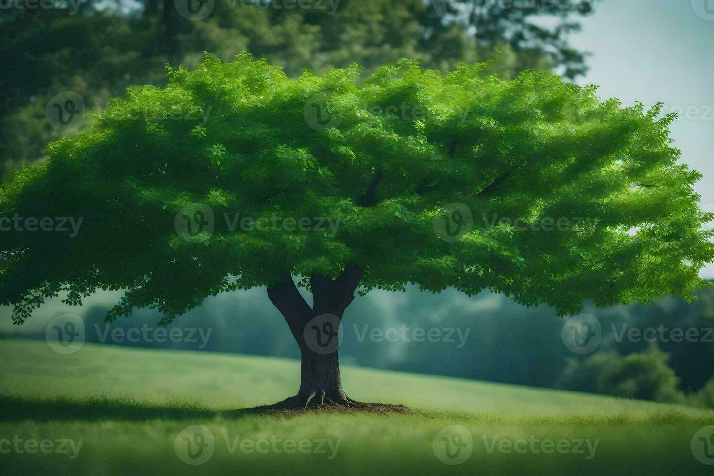 a tree is shown in a field with green leaves. AI-Generated photo