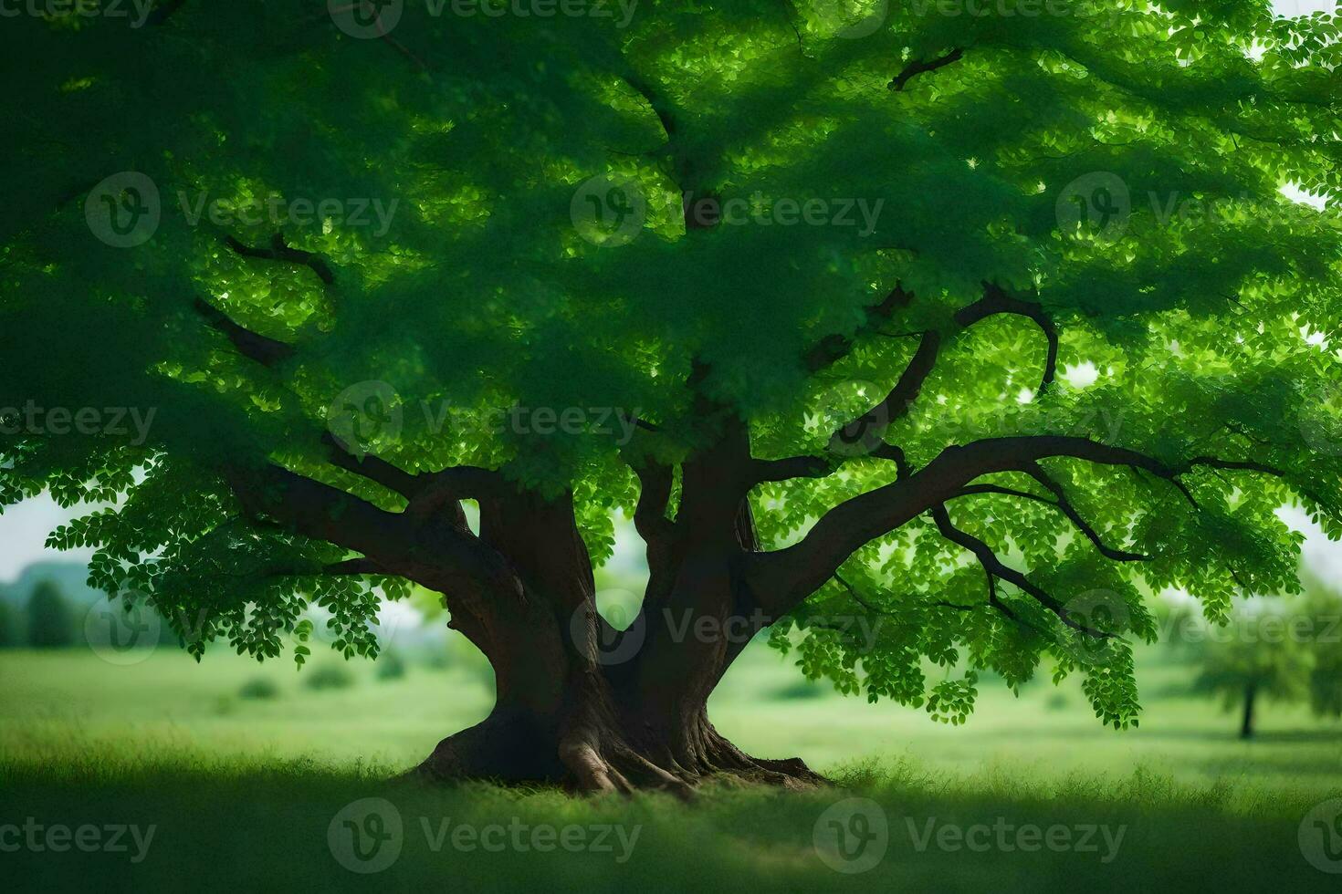a large tree in the middle of a field. AI-Generated photo