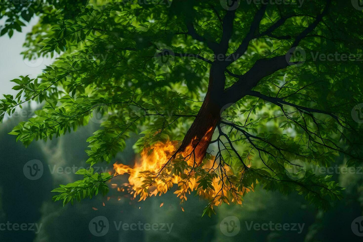 a tree with fire coming out of it. AI-Generated photo