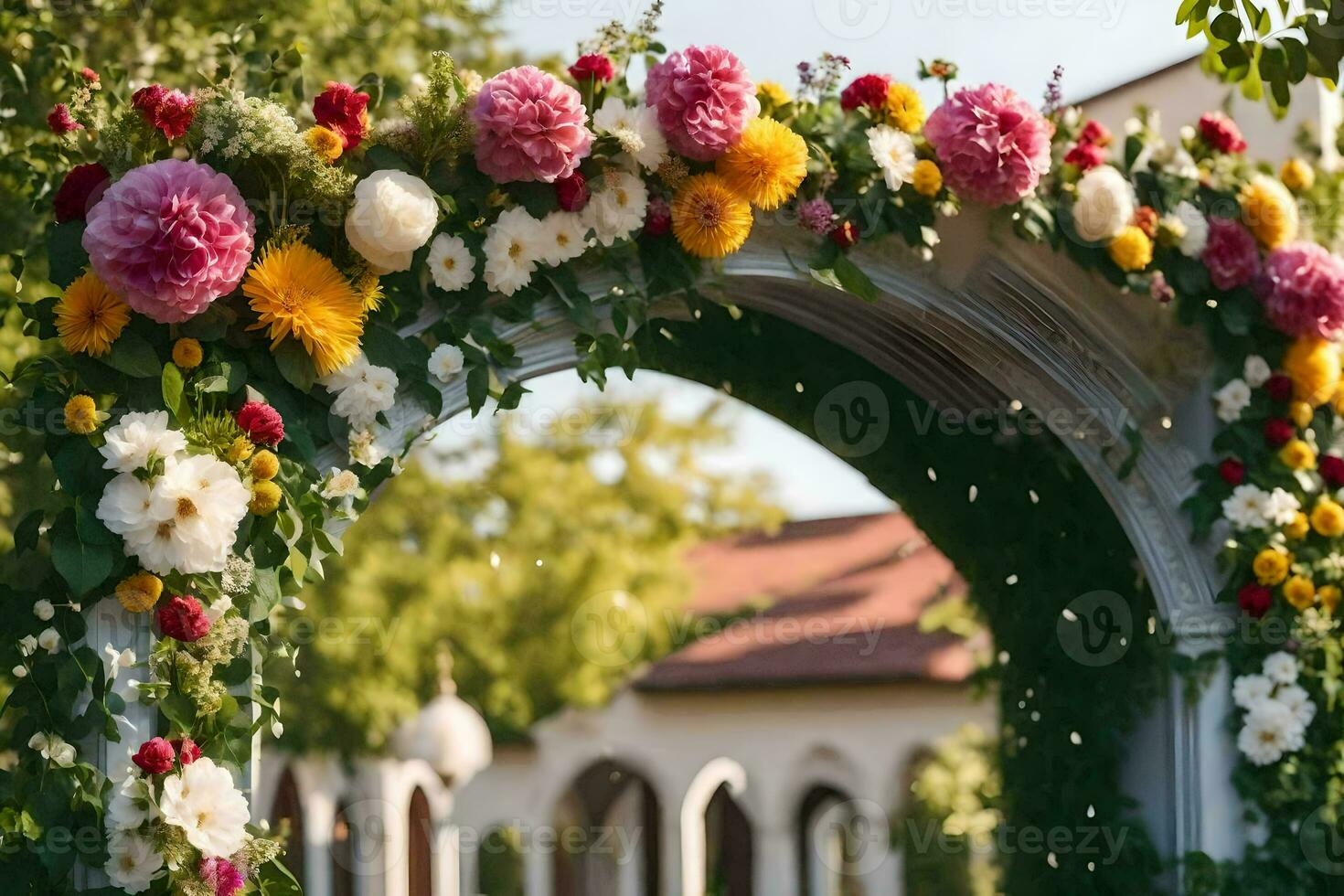 un Boda arco decorado con flores generado por ai foto