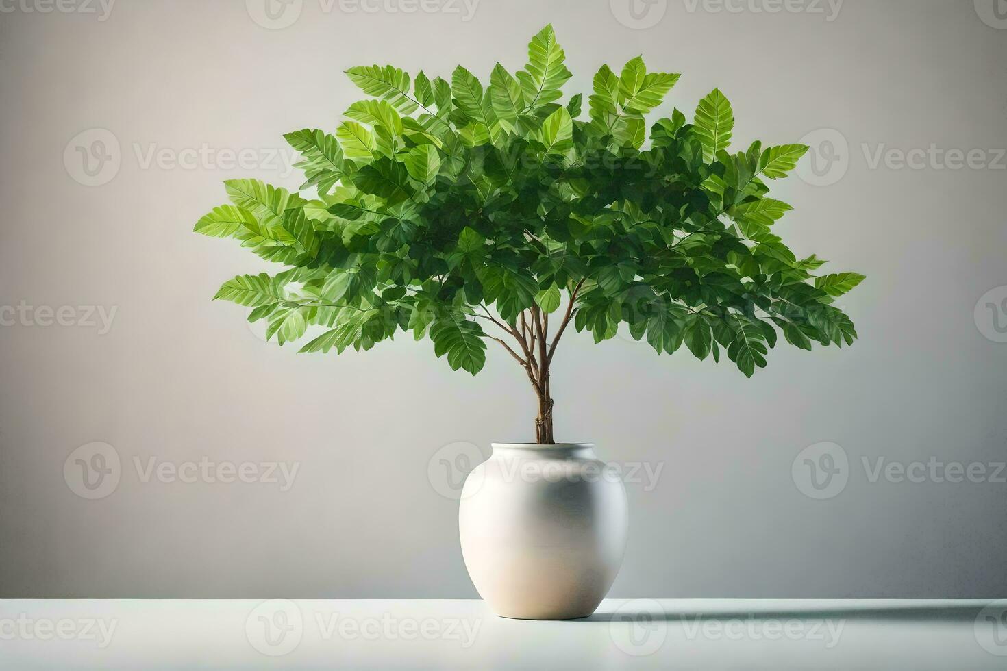 a small plant in a white vase on a table. AI-Generated photo