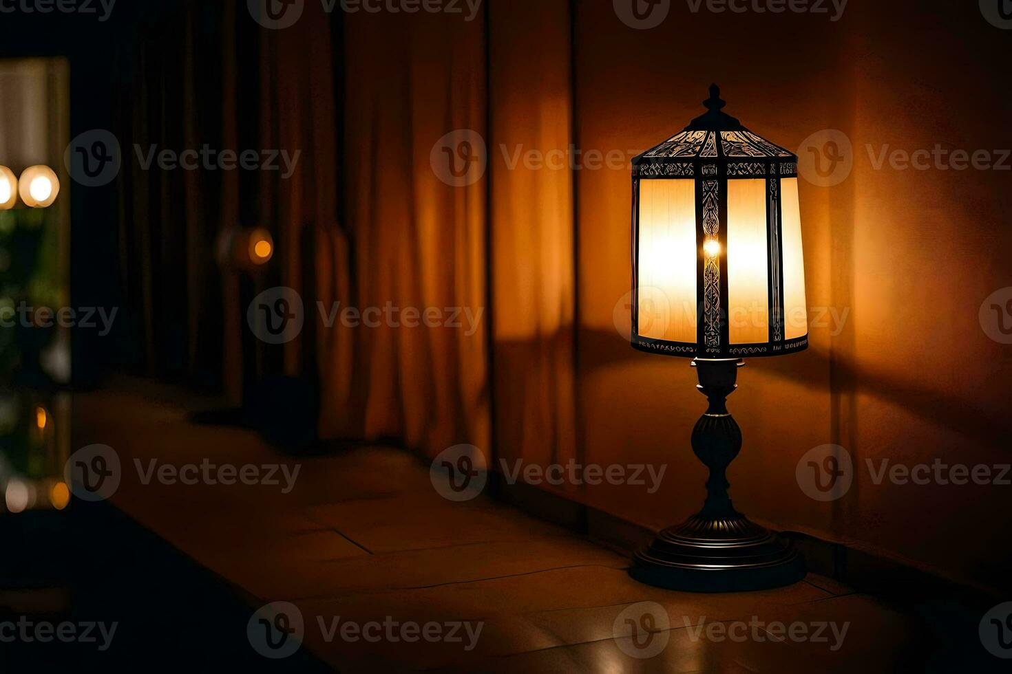 a lamp is lit in the dark on a floor. AI-Generated photo
