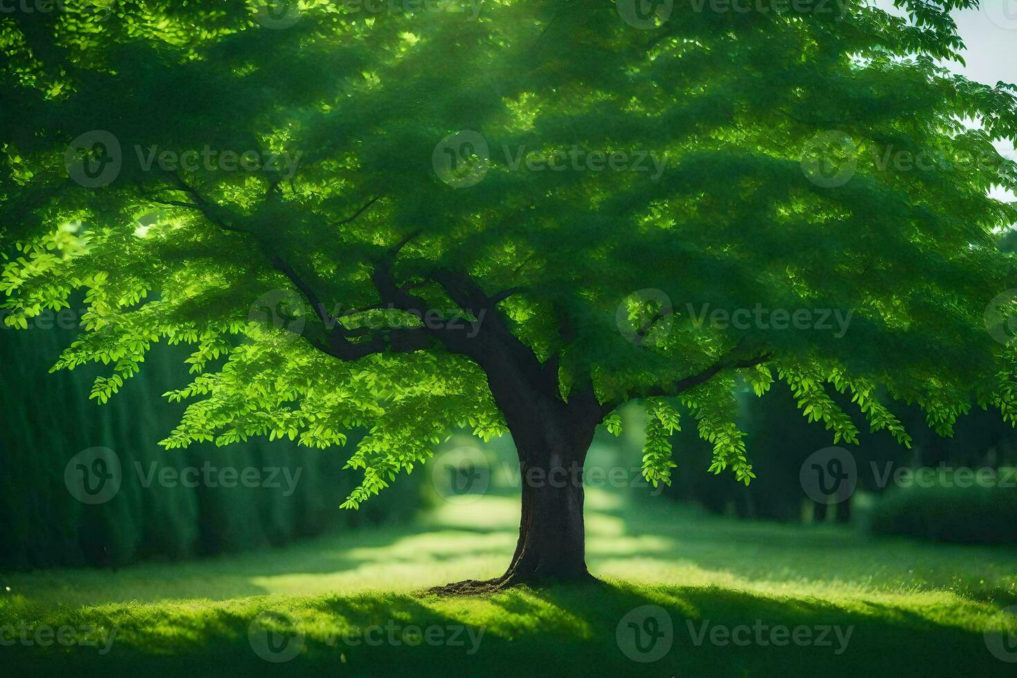 a tree is standing in the middle of a green field. AI-Generated photo
