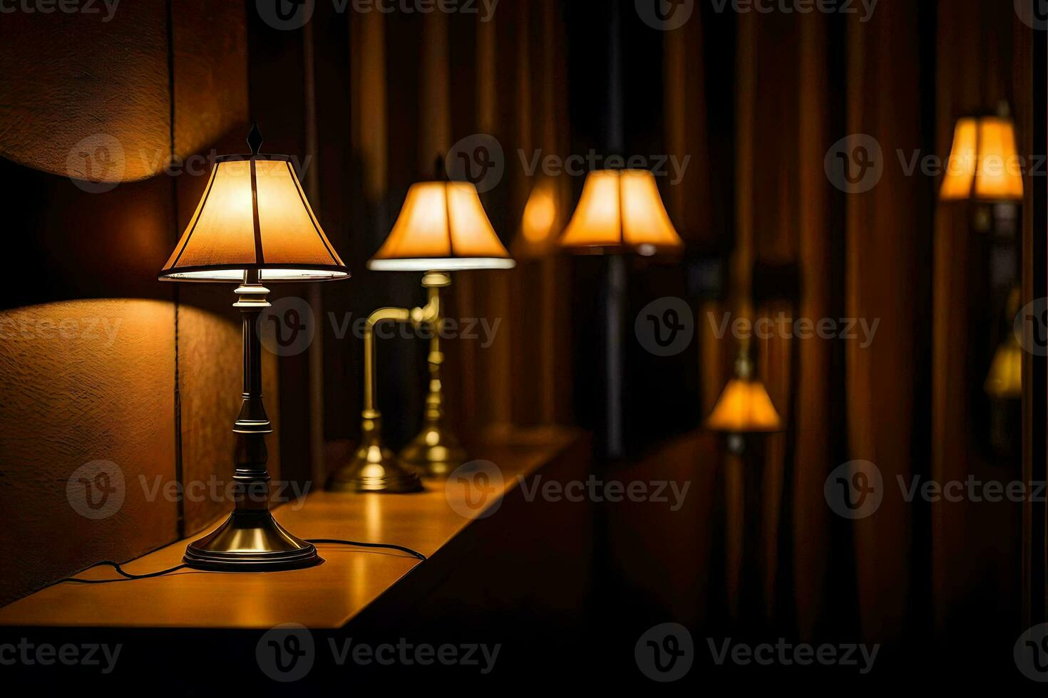 Tres lamparas son en un mesa en un oscuro habitación. generado por ai foto