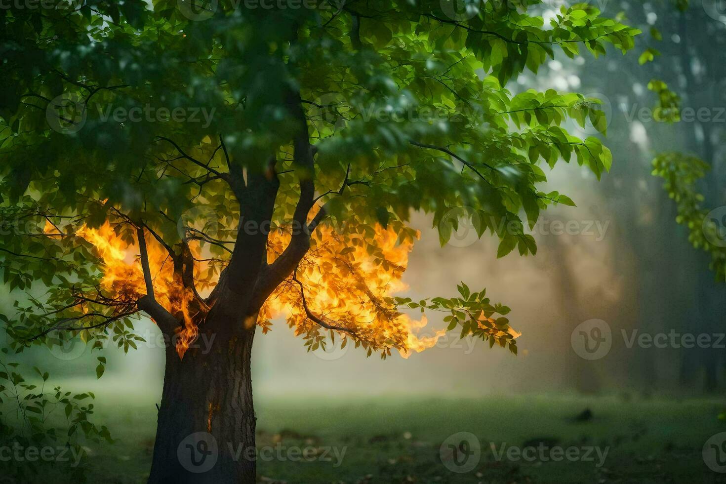 a tree with flames coming out of it in the middle of the forest. AI-Generated photo