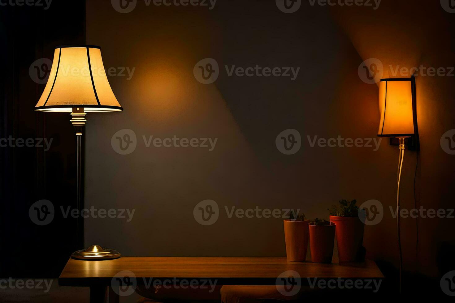 a lamp and a table in a dark room. AI-Generated photo