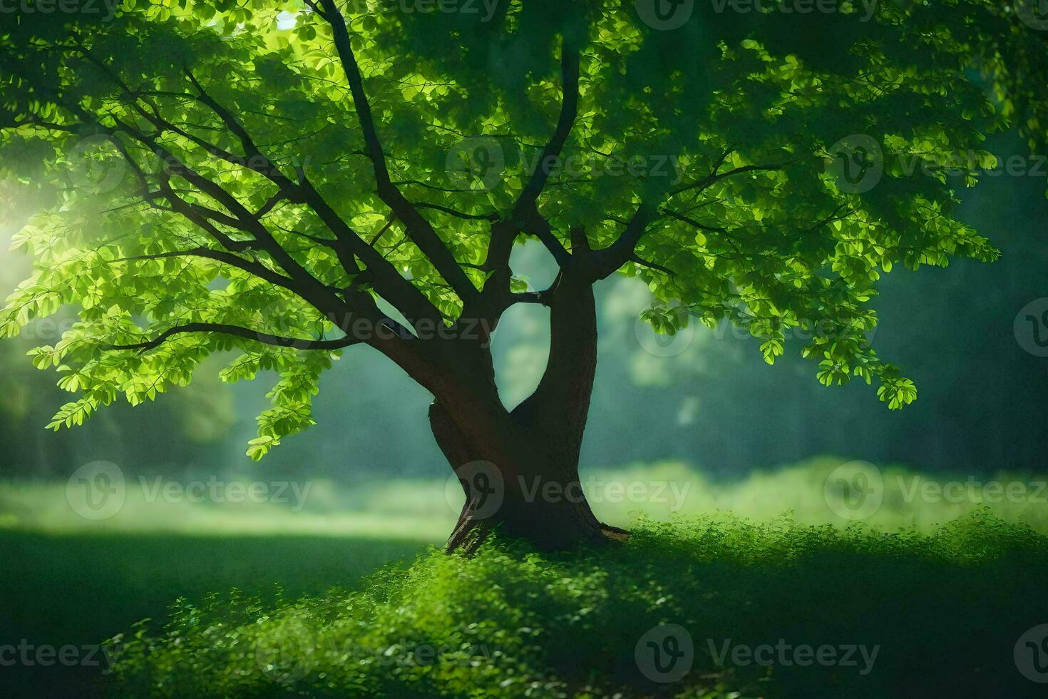 a tree in the middle of a green field. AI-Generated photo