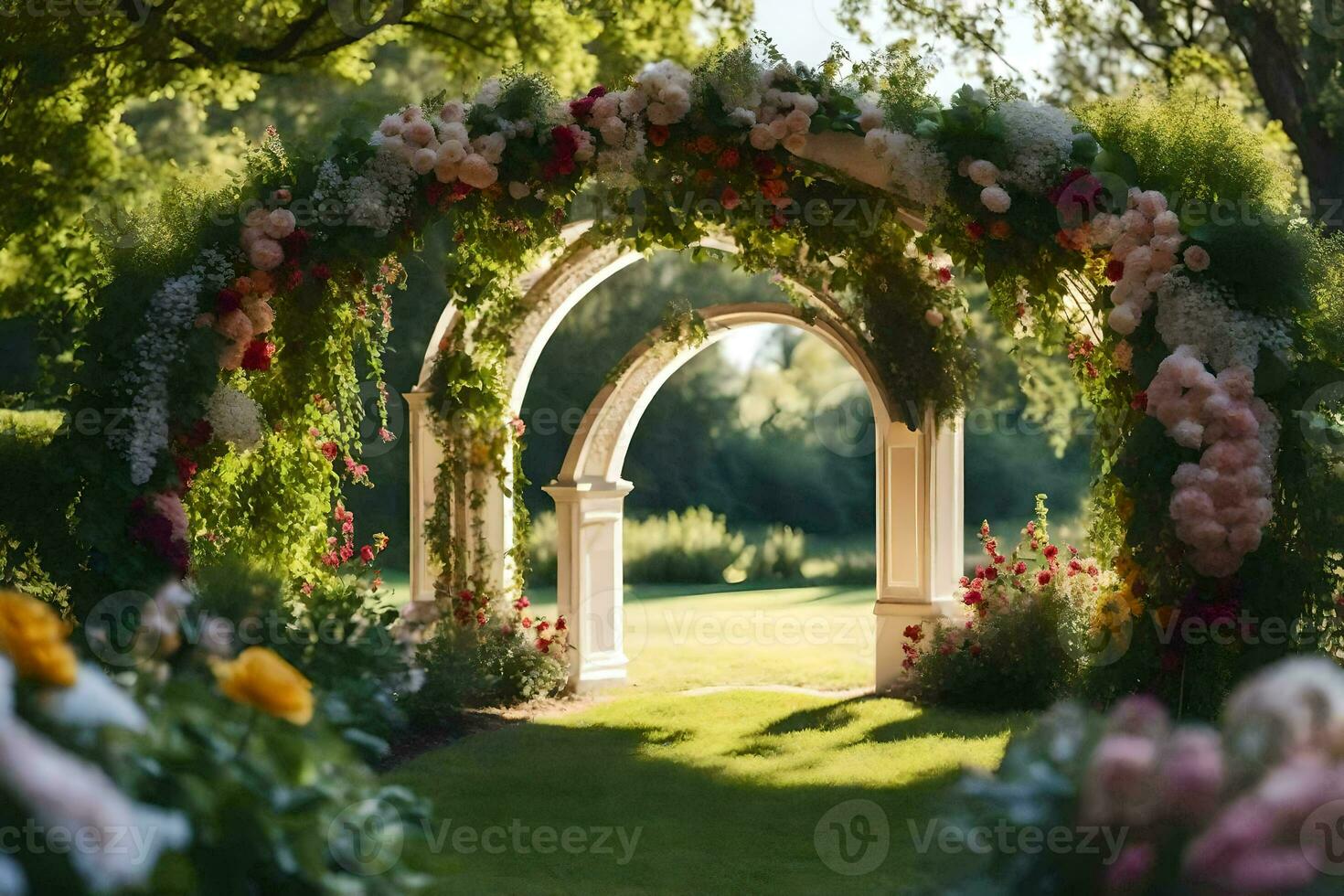 un hermosa arco con flores y césped. generado por ai foto