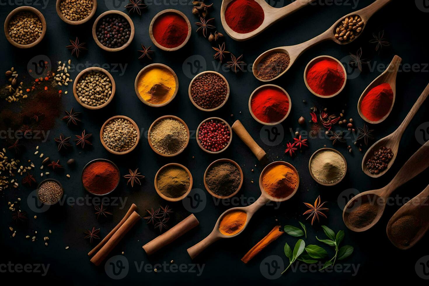 spices and herbs in wooden spoons on a black background. AI-Generated photo