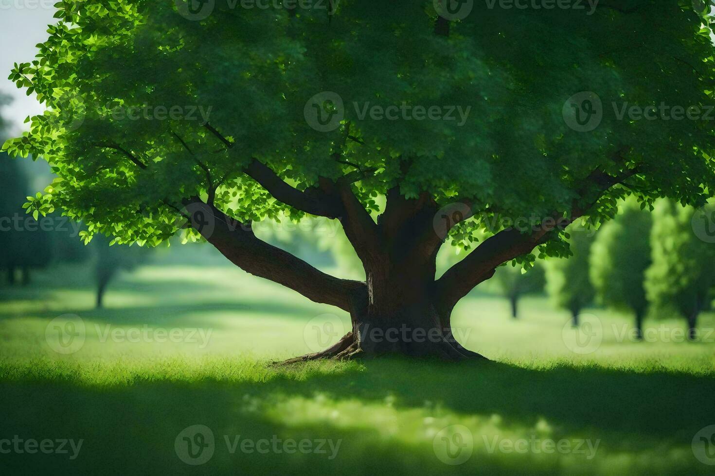 a tree is standing in the middle of a field. AI-Generated photo