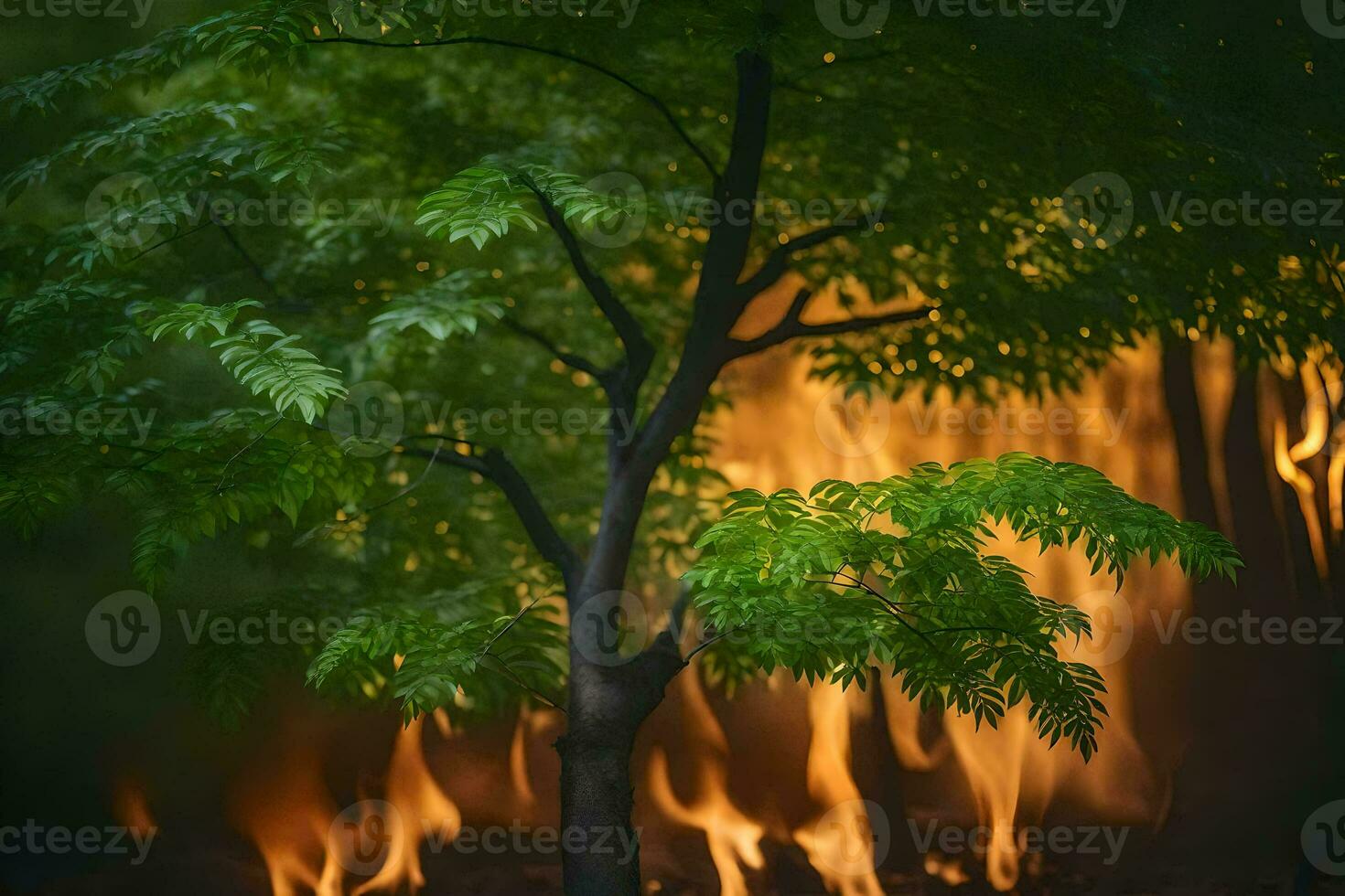 a tree with flames coming out of it. AI-Generated photo