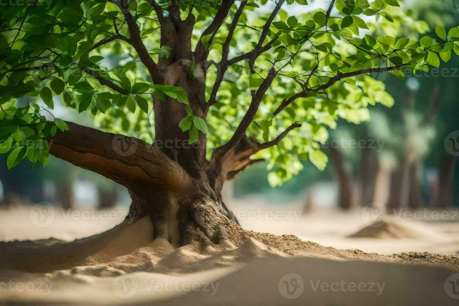 a tree in the sand with a sand dune in the background. AI-Generated photo