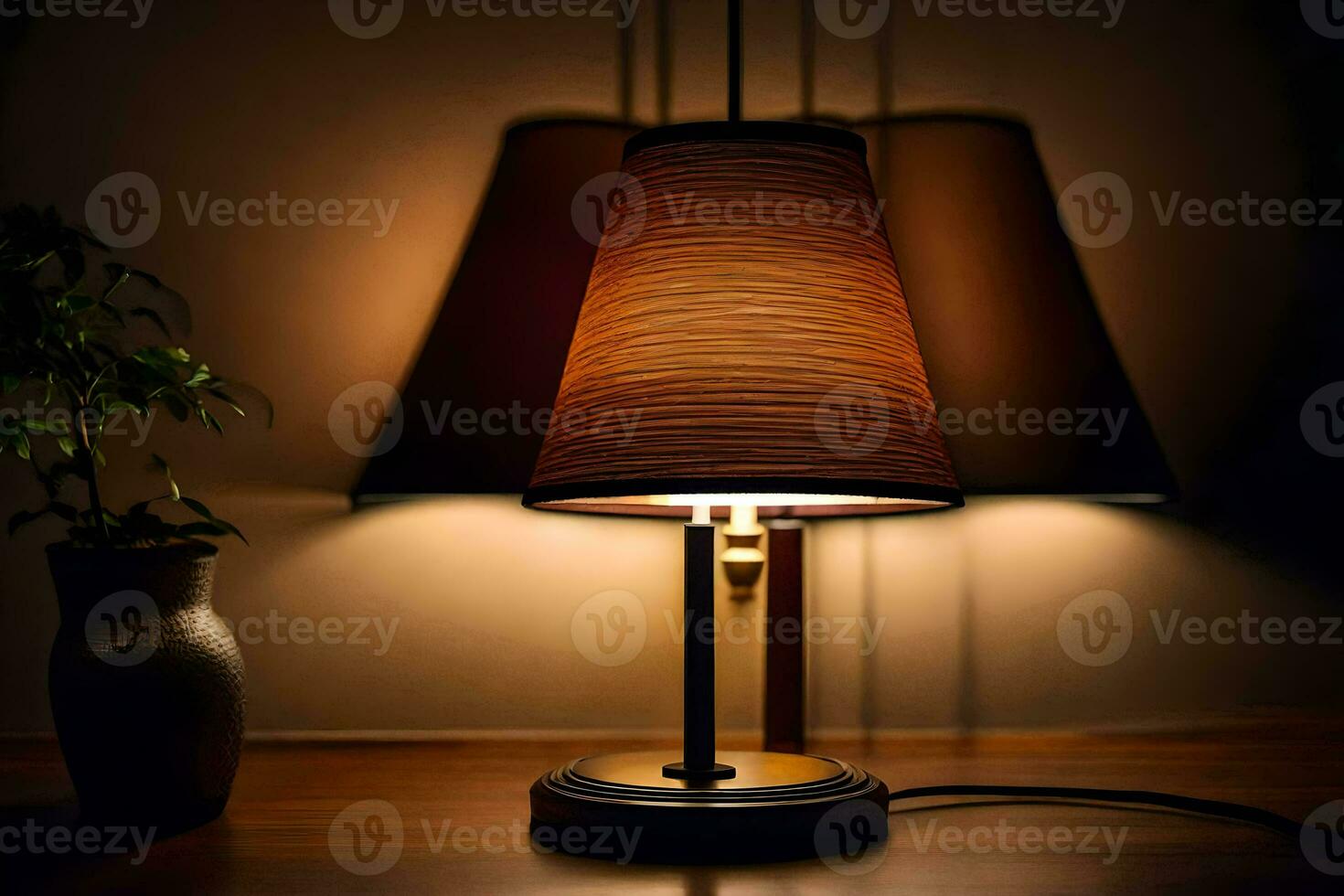 a lamp is on a table next to a plant. AI-Generated photo