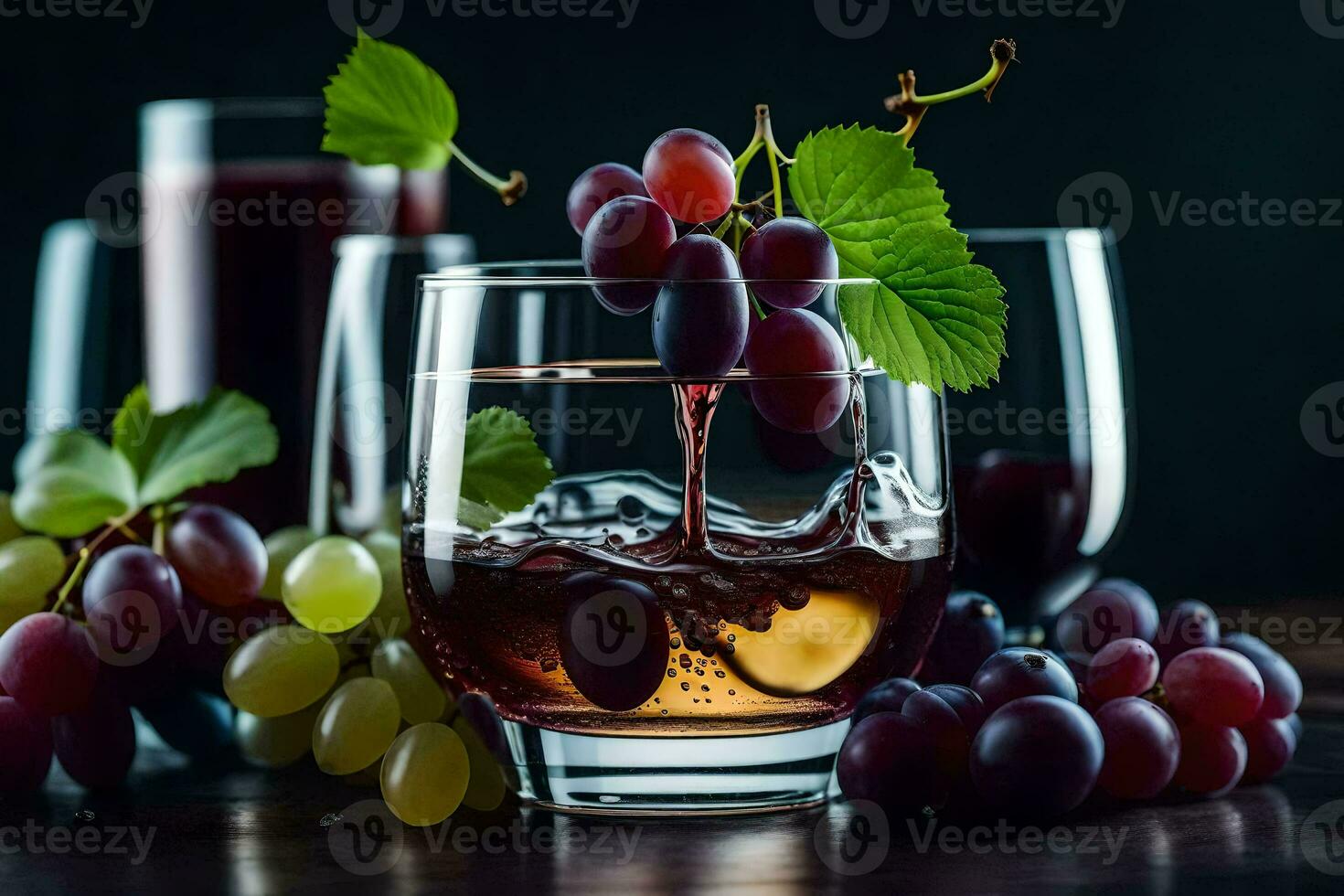 grapes and wine in glasses on a dark background. AI-Generated photo