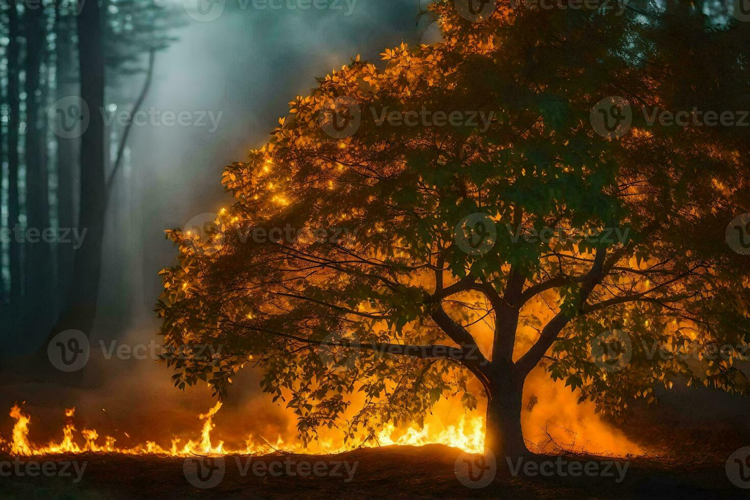 a tree is burning in the forest. AI-Generated photo