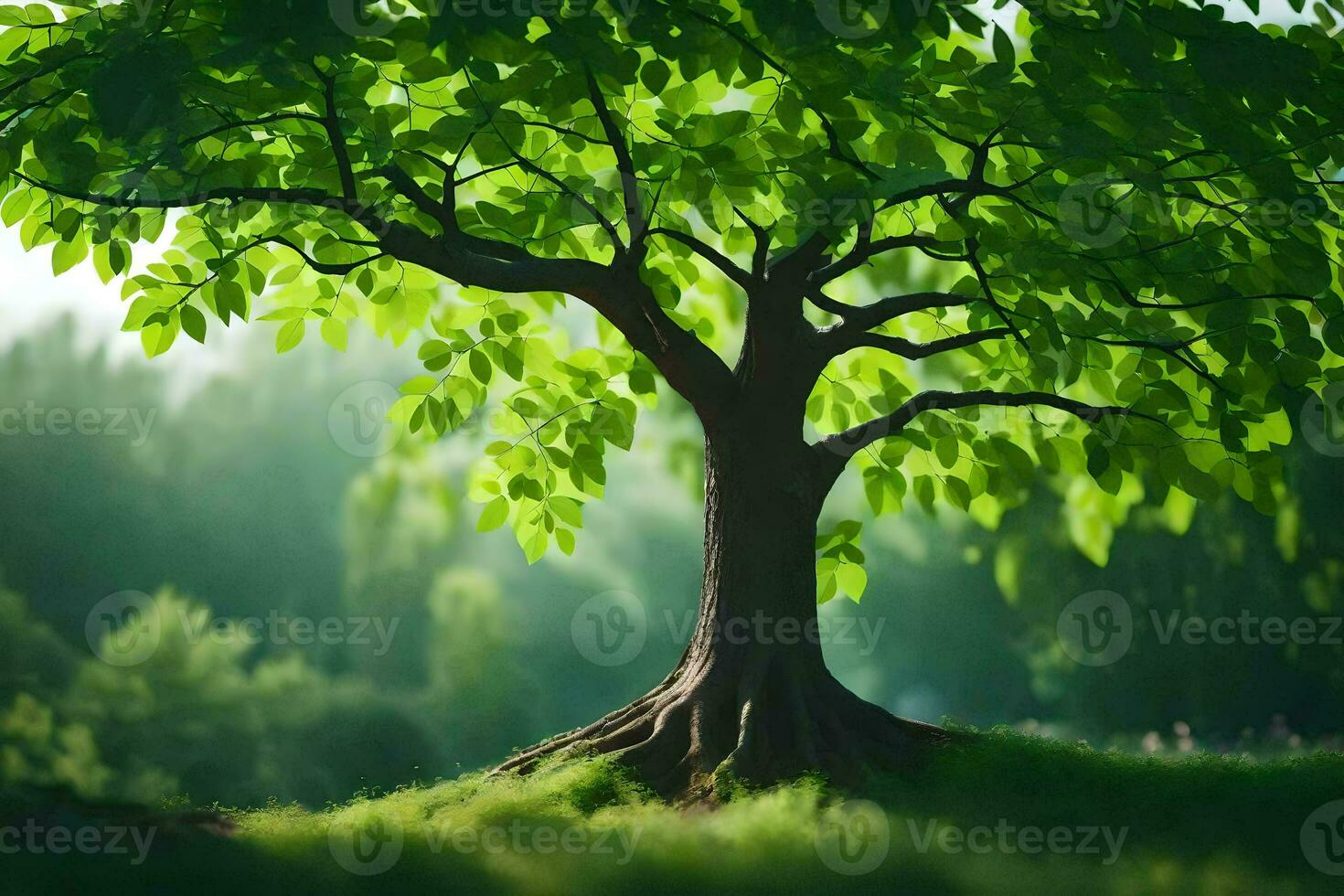 a tree with green leaves and sunlight shining through it. AI-Generated photo