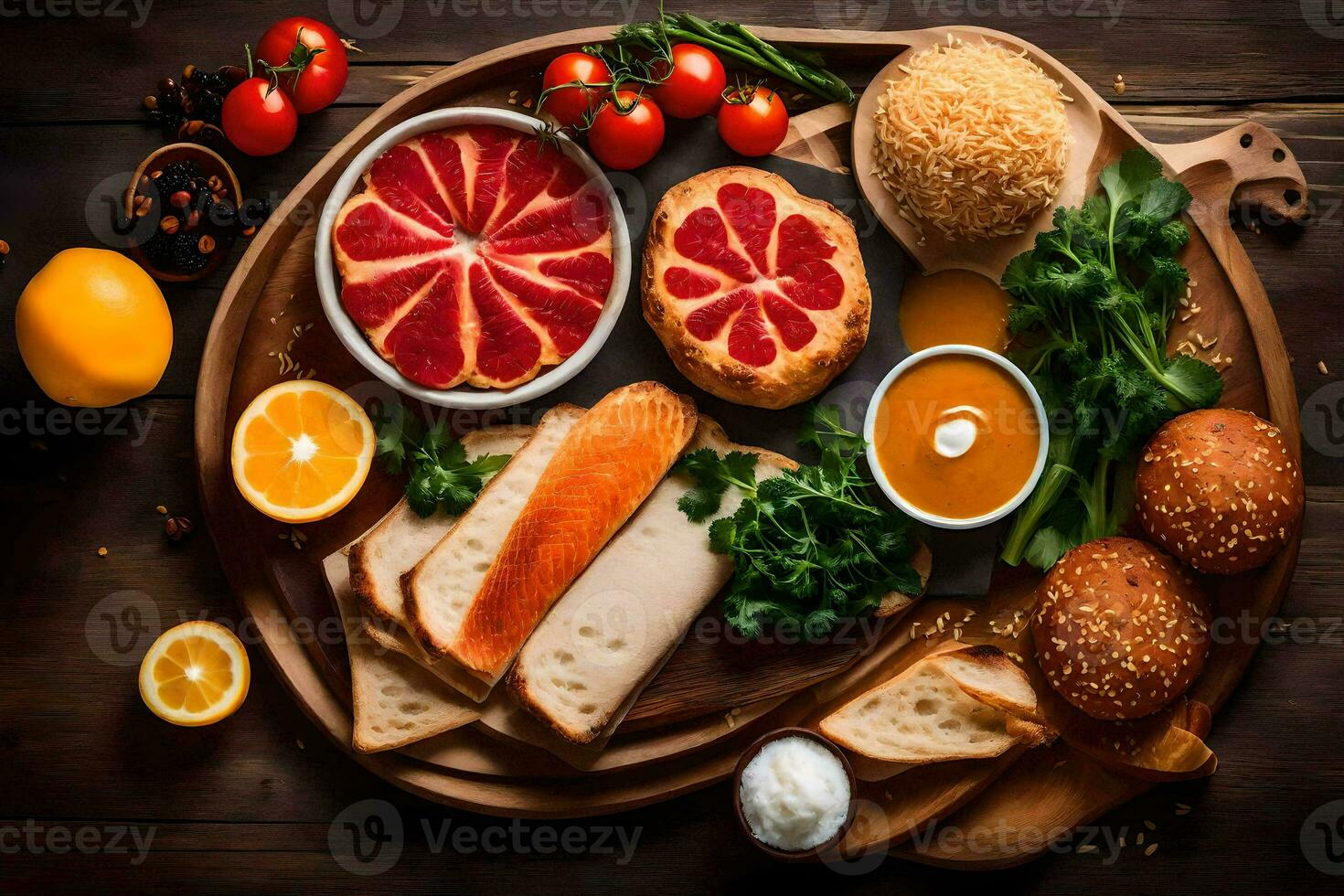 a plate of food with bread, oranges, and other ingredients. AI-Generated photo