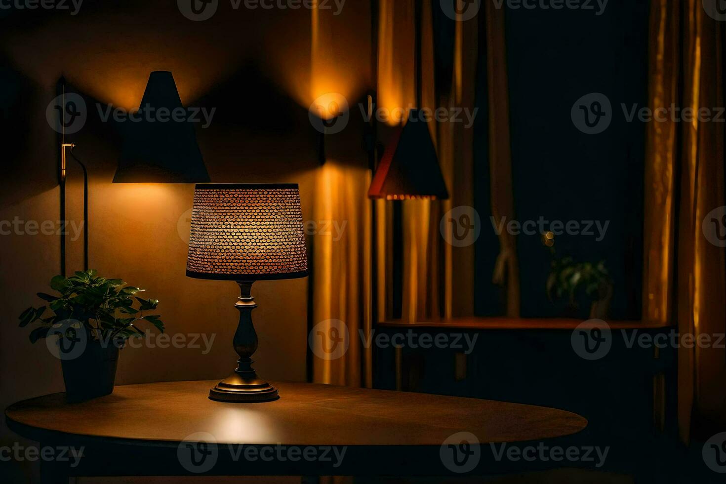 a table lamp is lit up in a dark room. AI-Generated photo