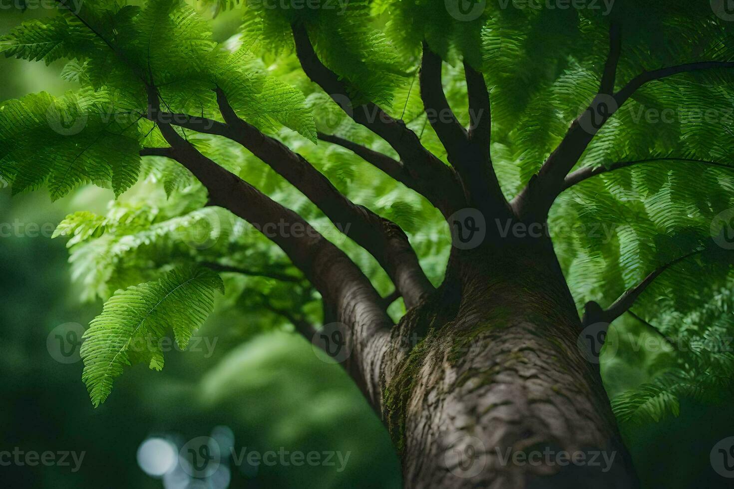 a tree with green leaves in the forest. AI-Generated photo