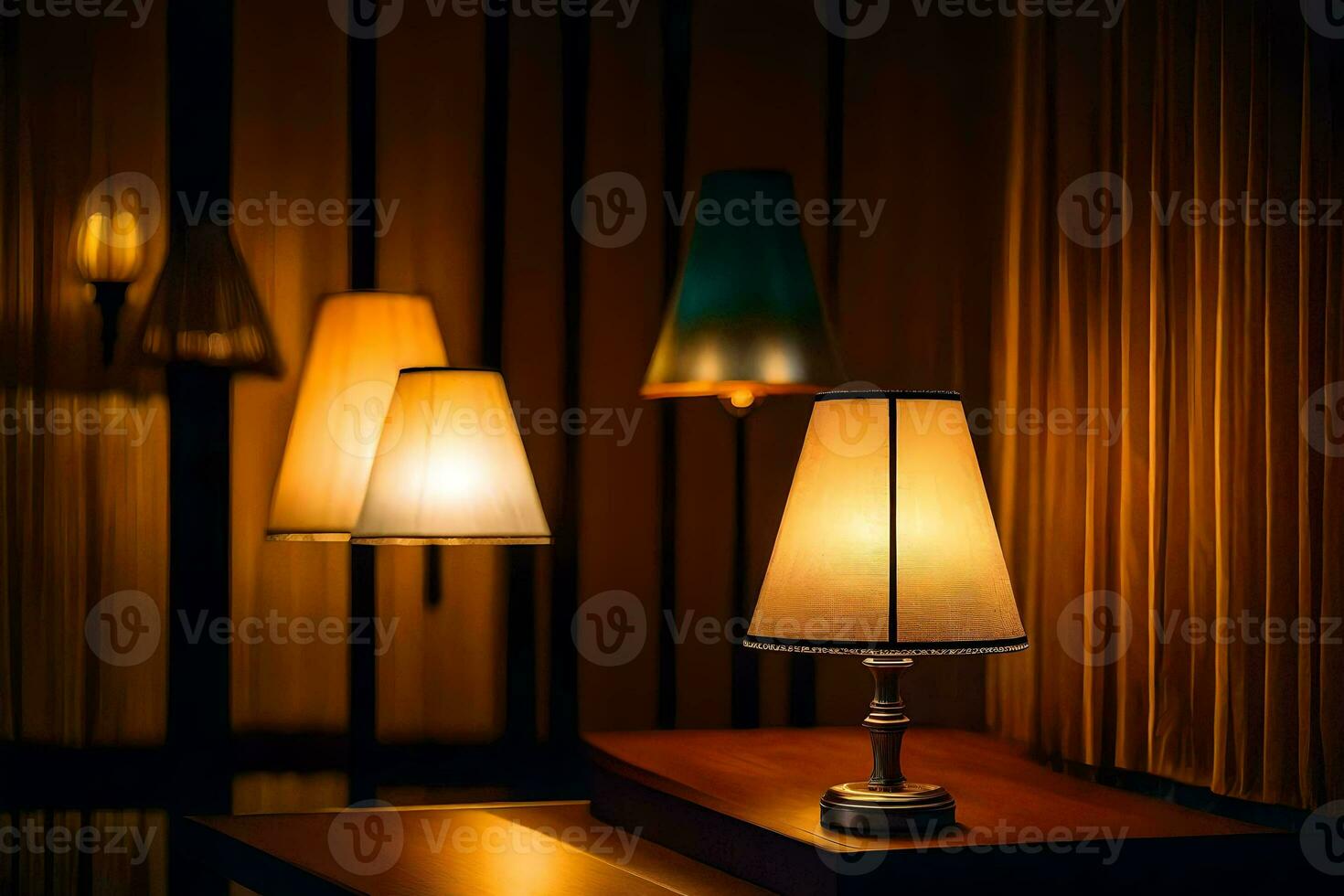 three lamps on a table in a dark room. AI-Generated photo