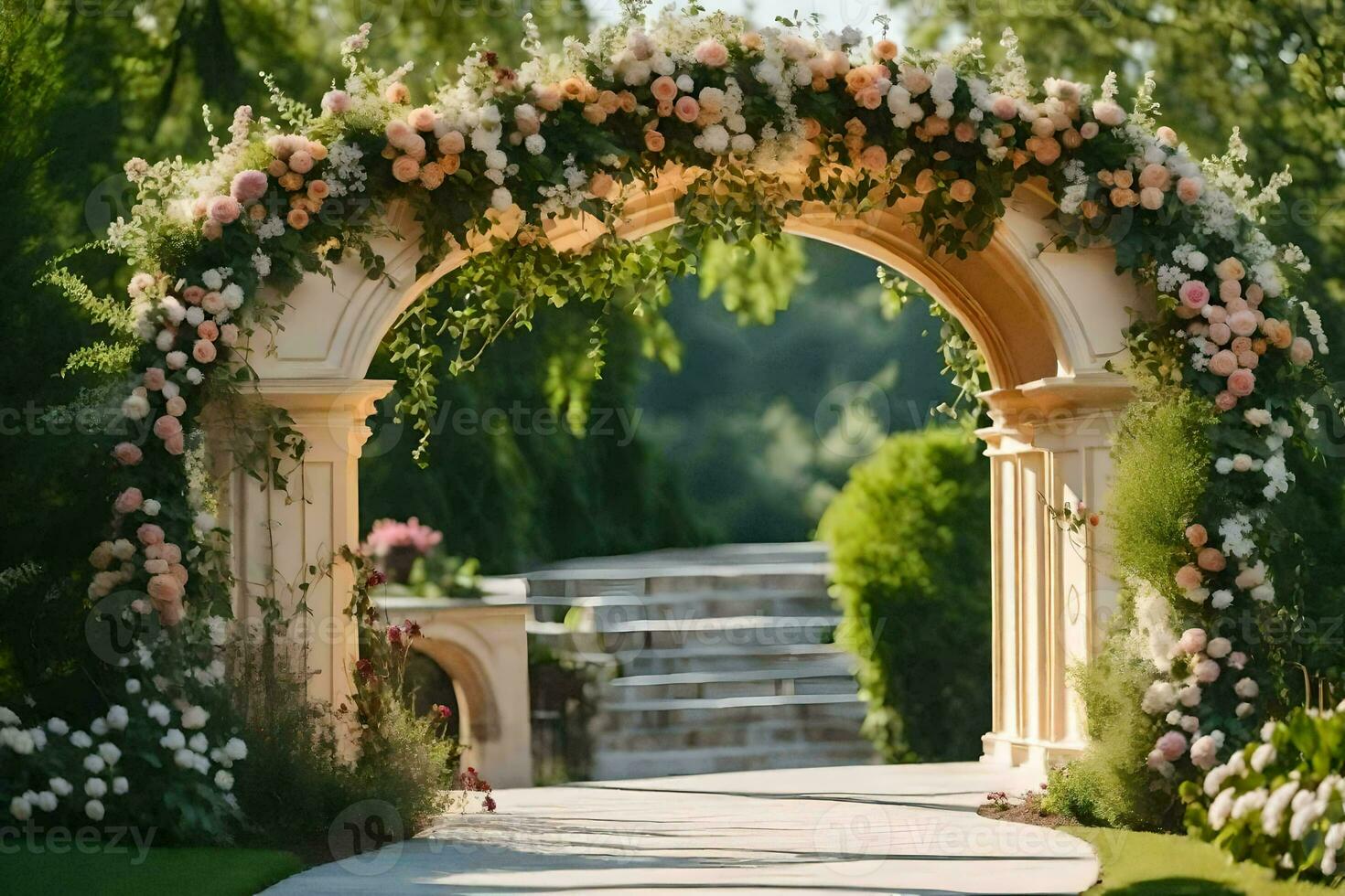 an archway with flowers and greenery. AI-Generated photo