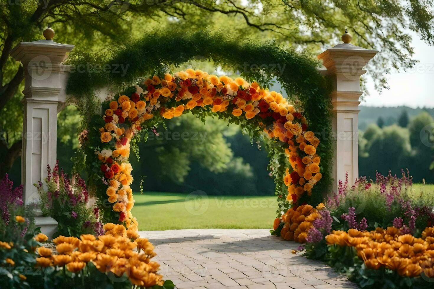 an archway with orange flowers and green grass. AI-Generated photo