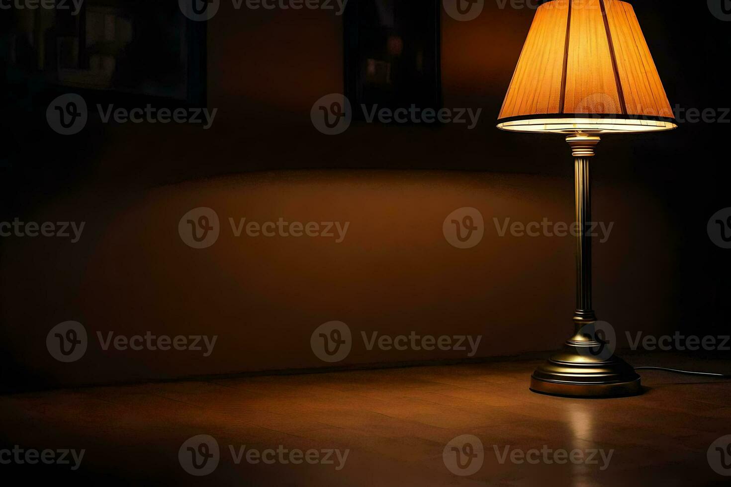 a lamp is sitting on a table in the dark. AI-Generated photo