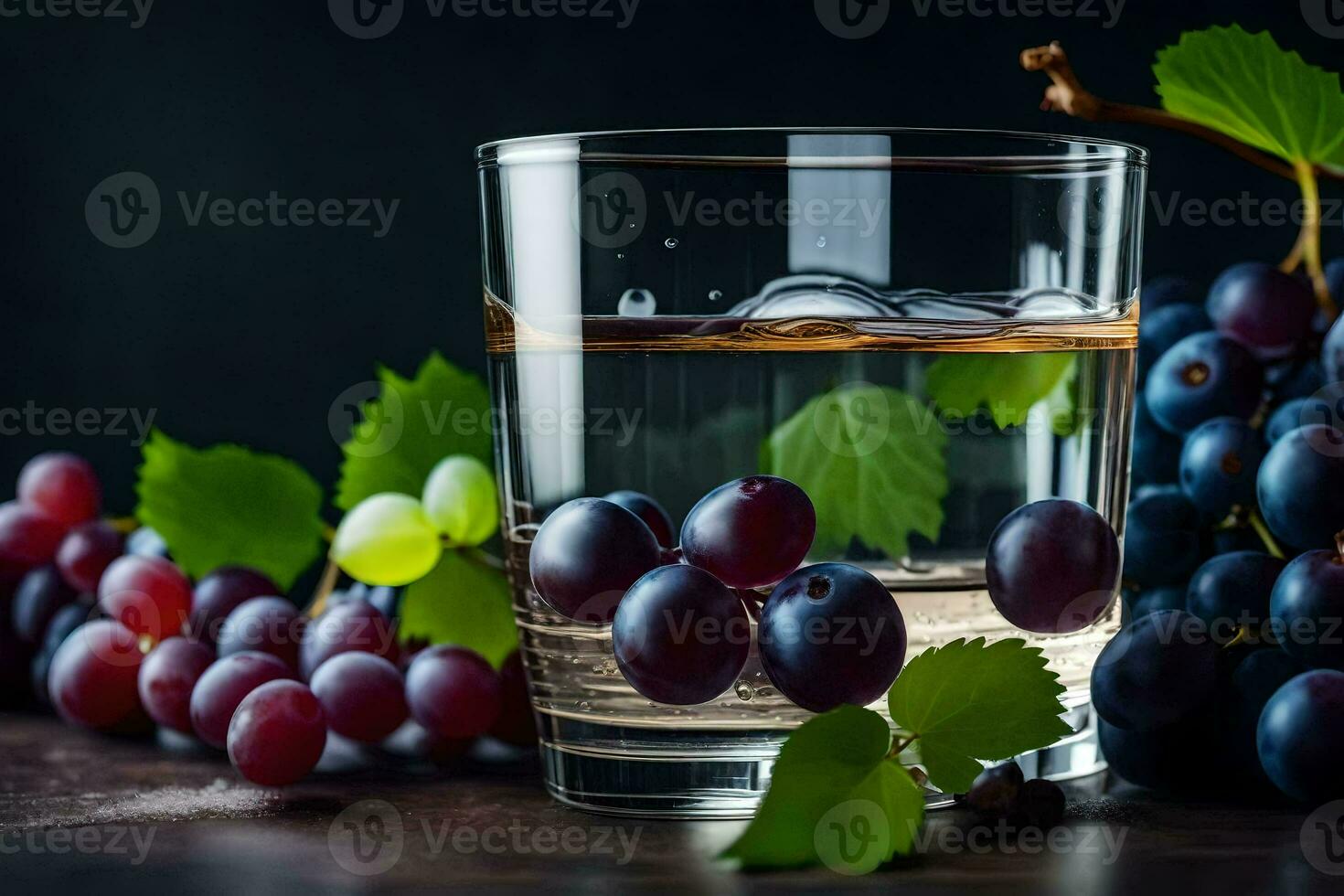 a glass of water with grapes and leaves. AI-Generated photo