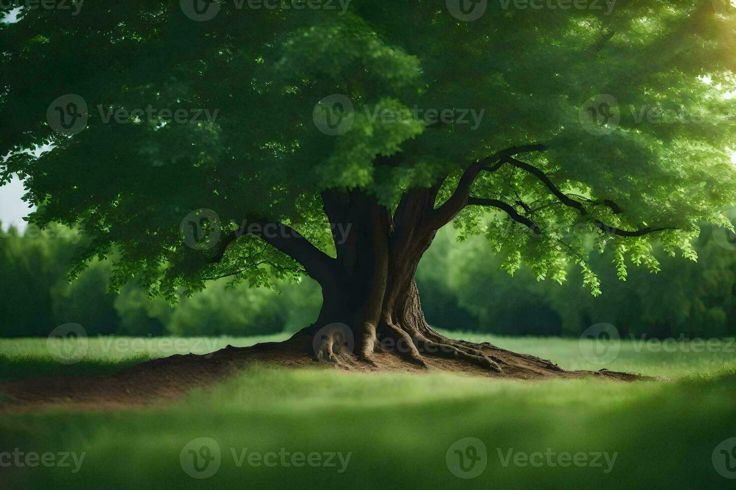 a large tree in the middle of a field. AI-Generated photo