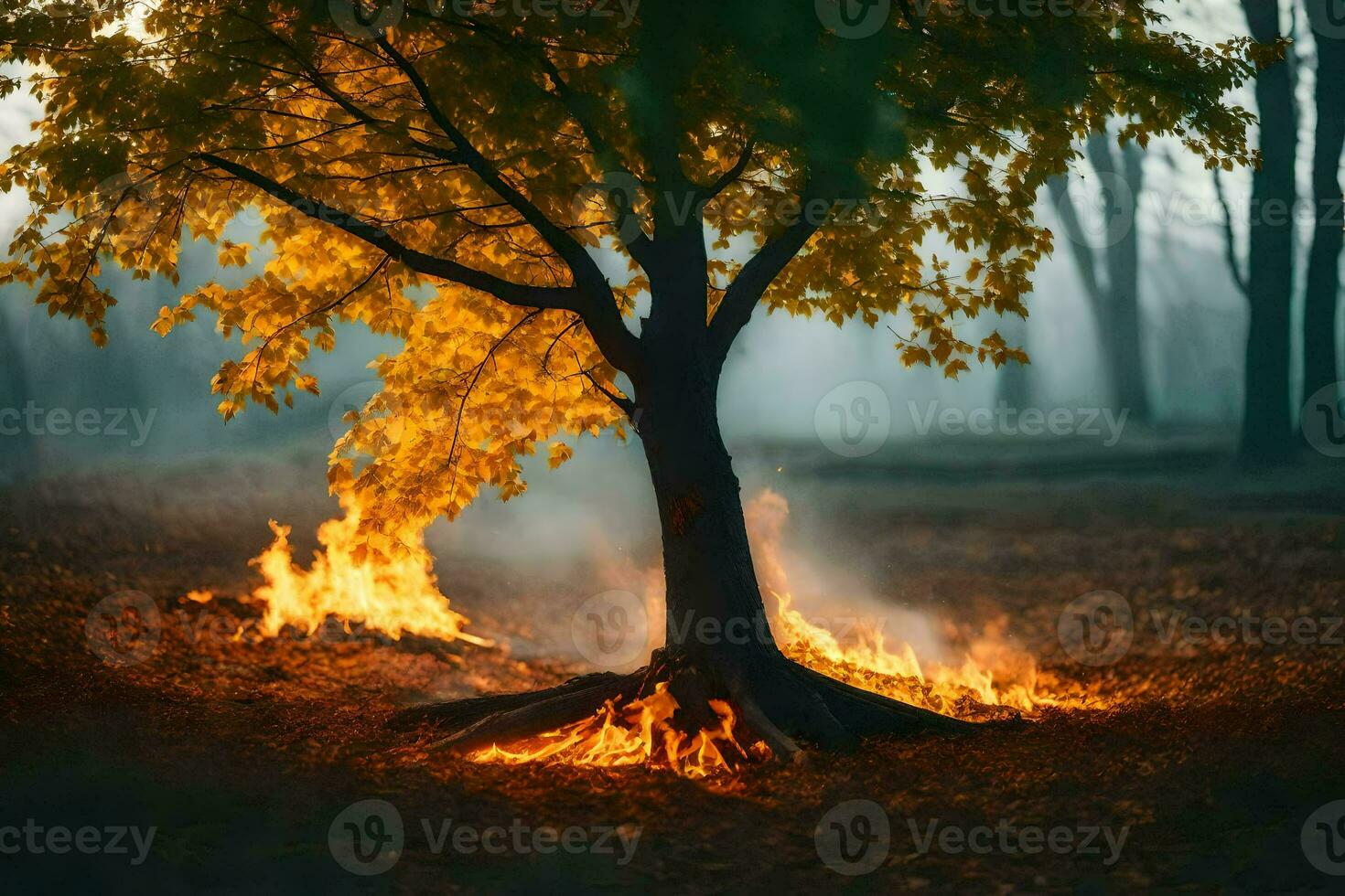 a tree with flames coming out of it in the middle of a forest. AI-Generated photo