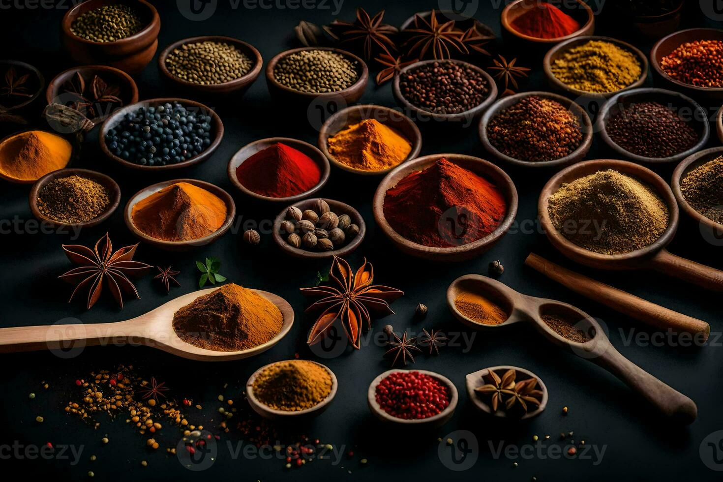 various spices and herbs in bowls on a black background. AI-Generated photo