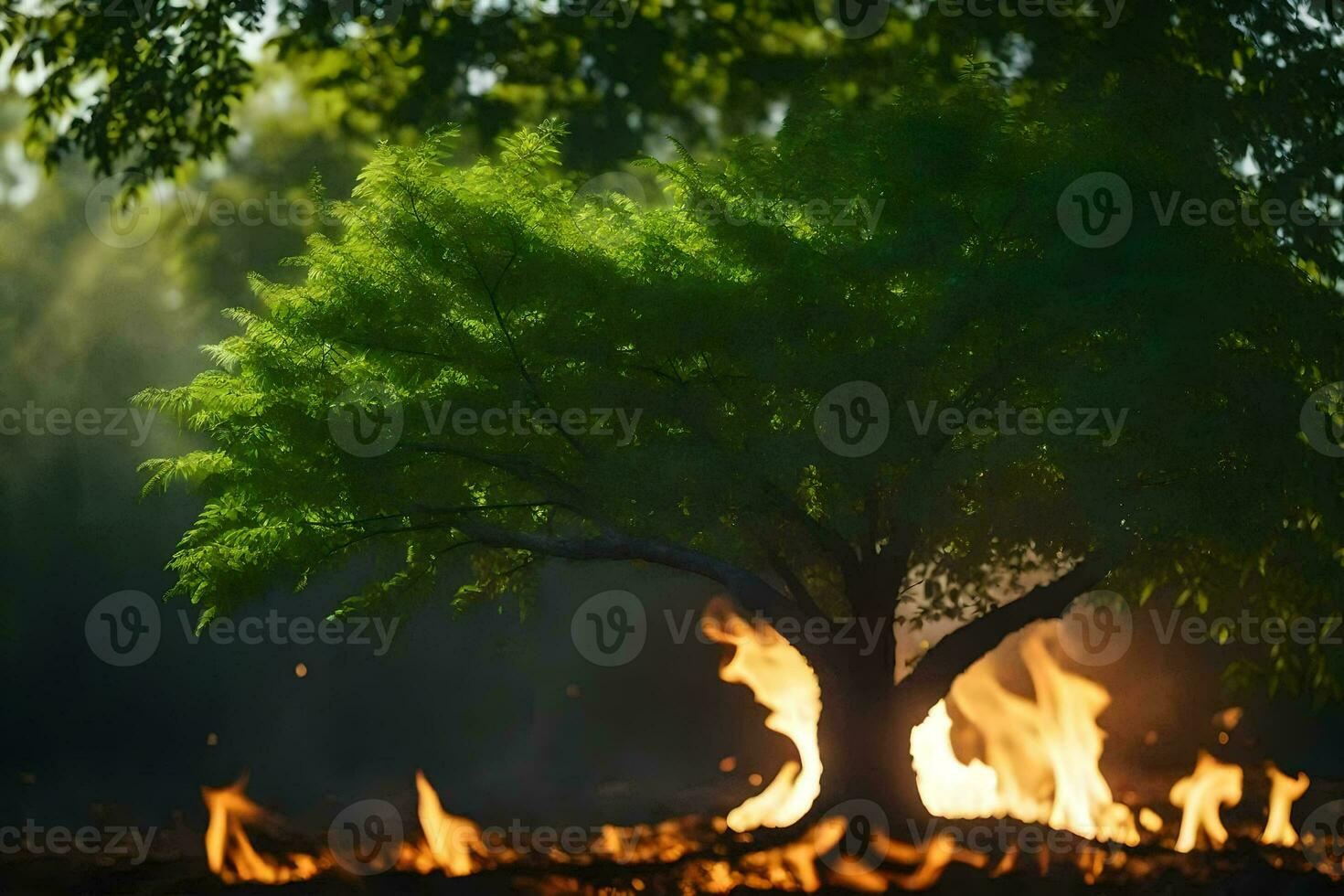 a tree is burning in the forest. AI-Generated photo