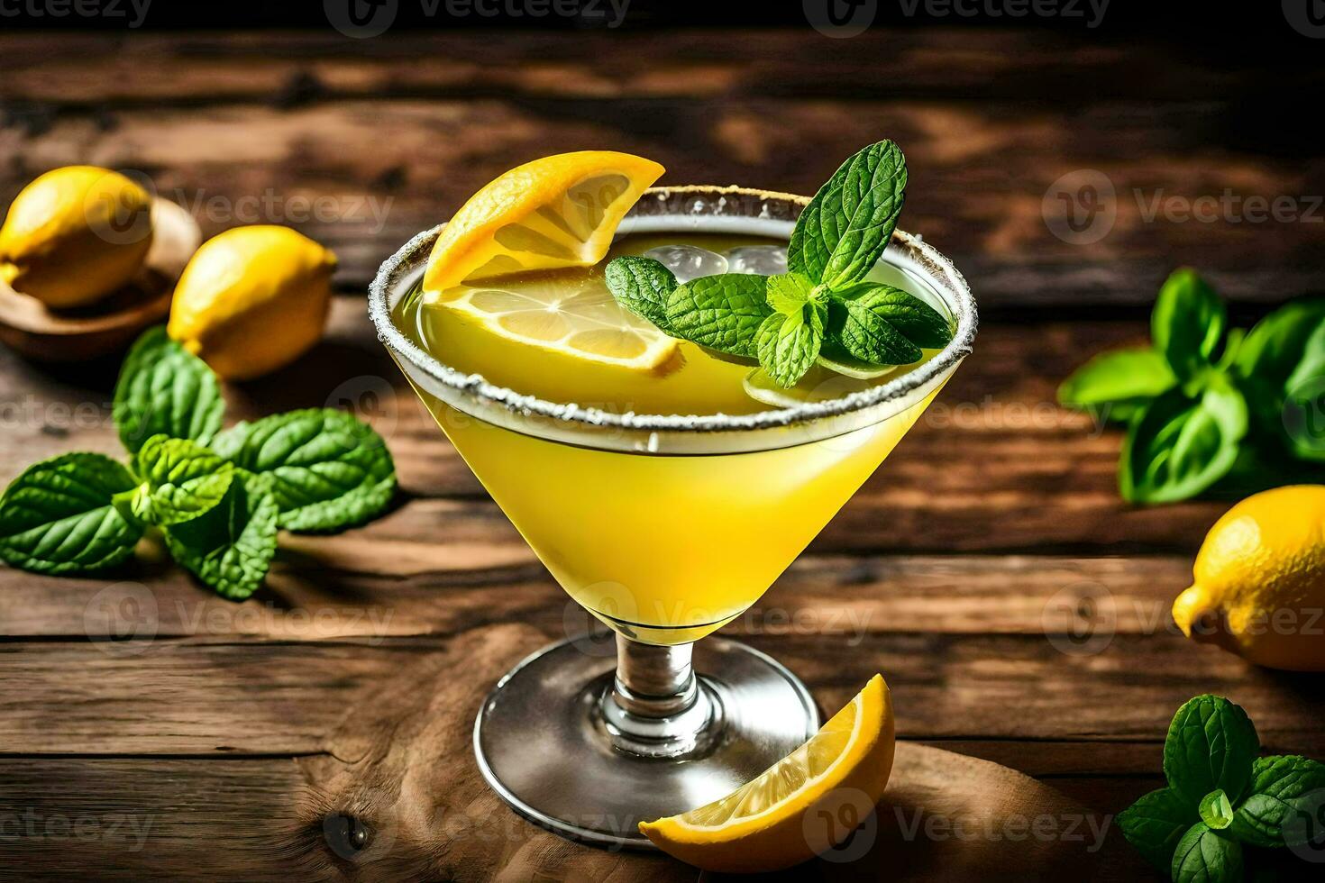 a cocktail with lemon and mint leaves. AI-Generated photo