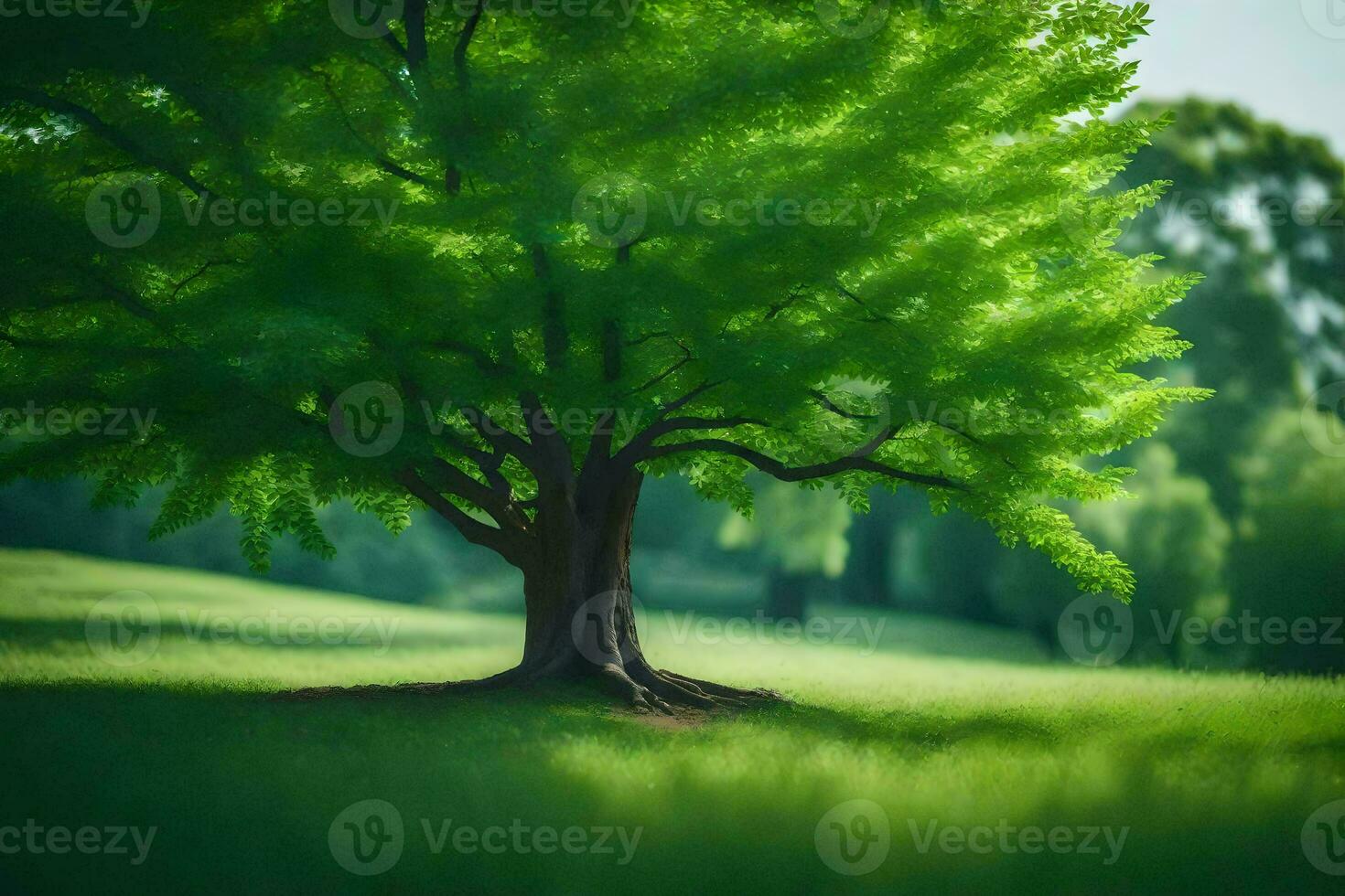 un árbol en un campo con verde césped. generado por ai foto