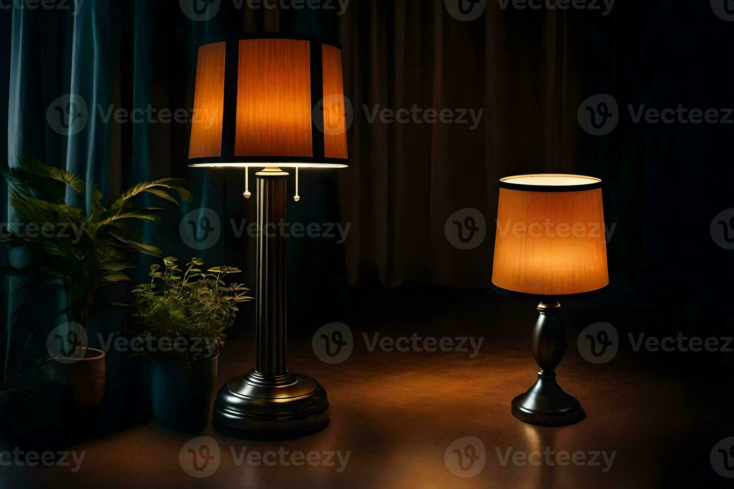 two lamps are sitting on a table in front of a plant. AI-Generated photo