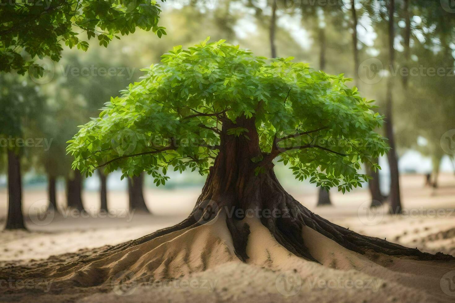 a tree with roots growing out of the sand. AI-Generated photo