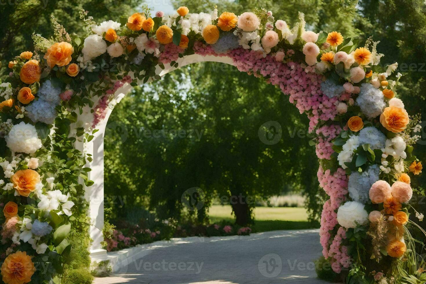 an archway decorated with flowers in the park. AI-Generated photo