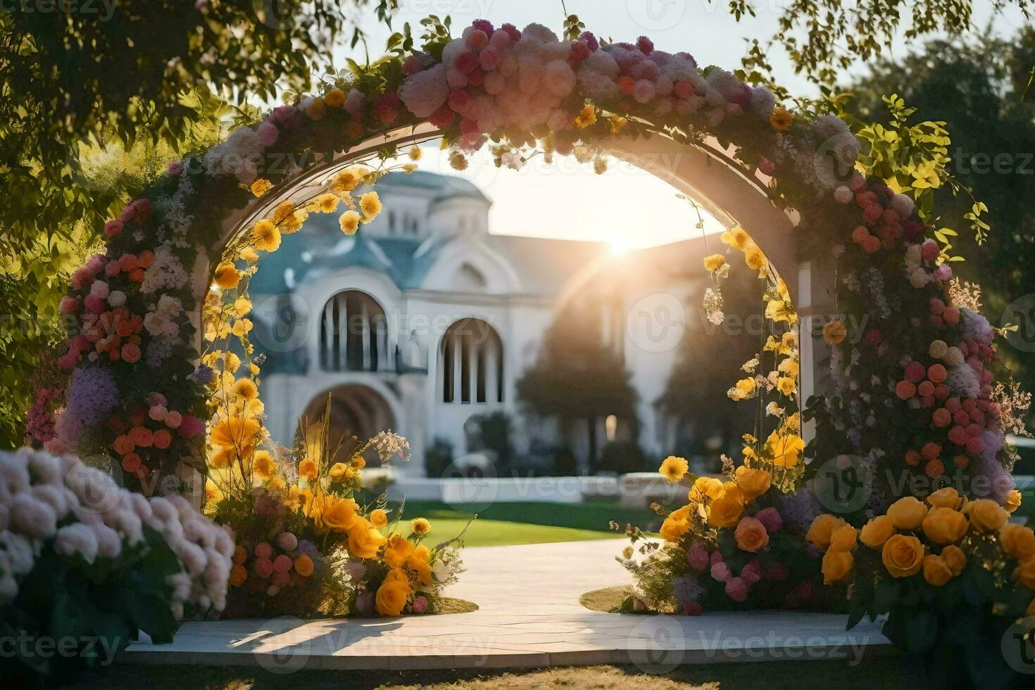 a wedding arch with flowers in front of a mansion. AI-Generated photo