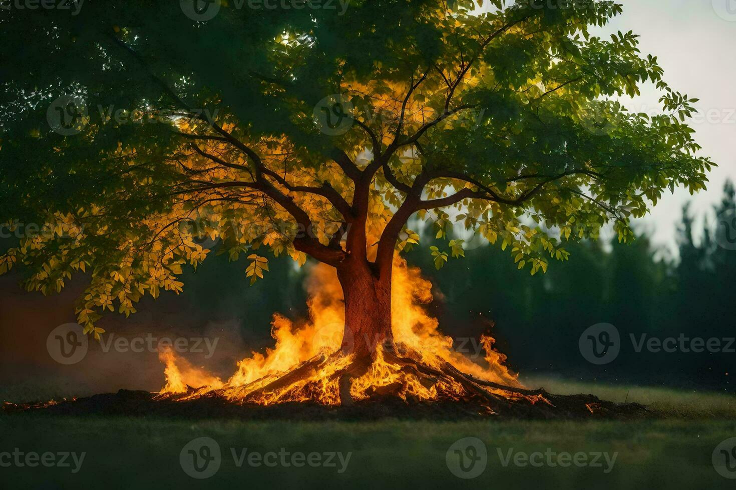 a tree with flames coming out of it in the middle of a field. AI-Generated photo